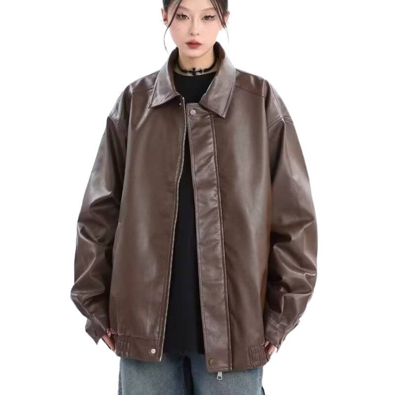 Damen Oversized Kunstleder-Blouson mit elastischem Saum und Hemdkragen Chichicherry