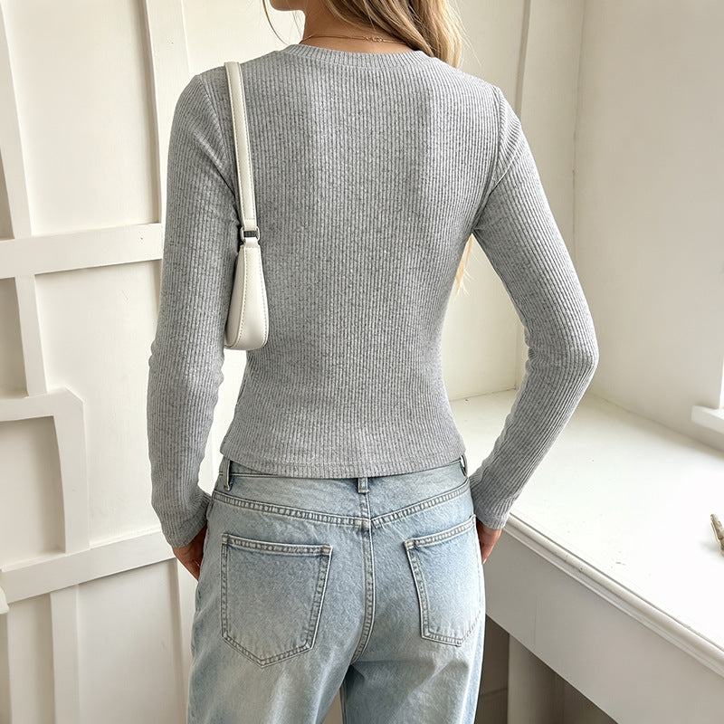 Women's fitted ribbed long sleeve with Henley button placket and thumb hole cuffs Chichicherry