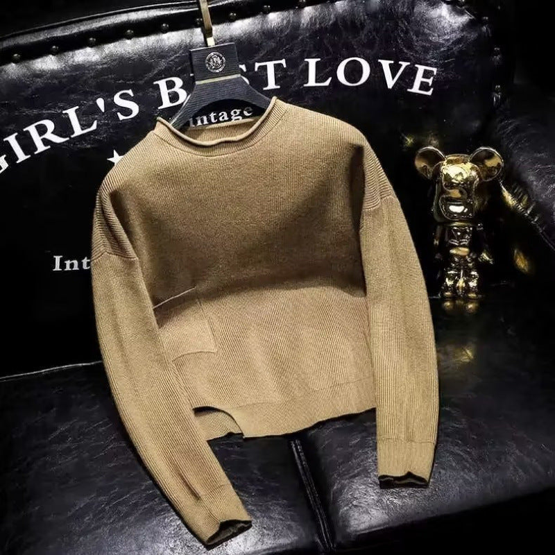 Damen Kurz geschnittener Strickpullover mit unregelmäßigem Saum und Rundhalsausschnitt Chichicherry