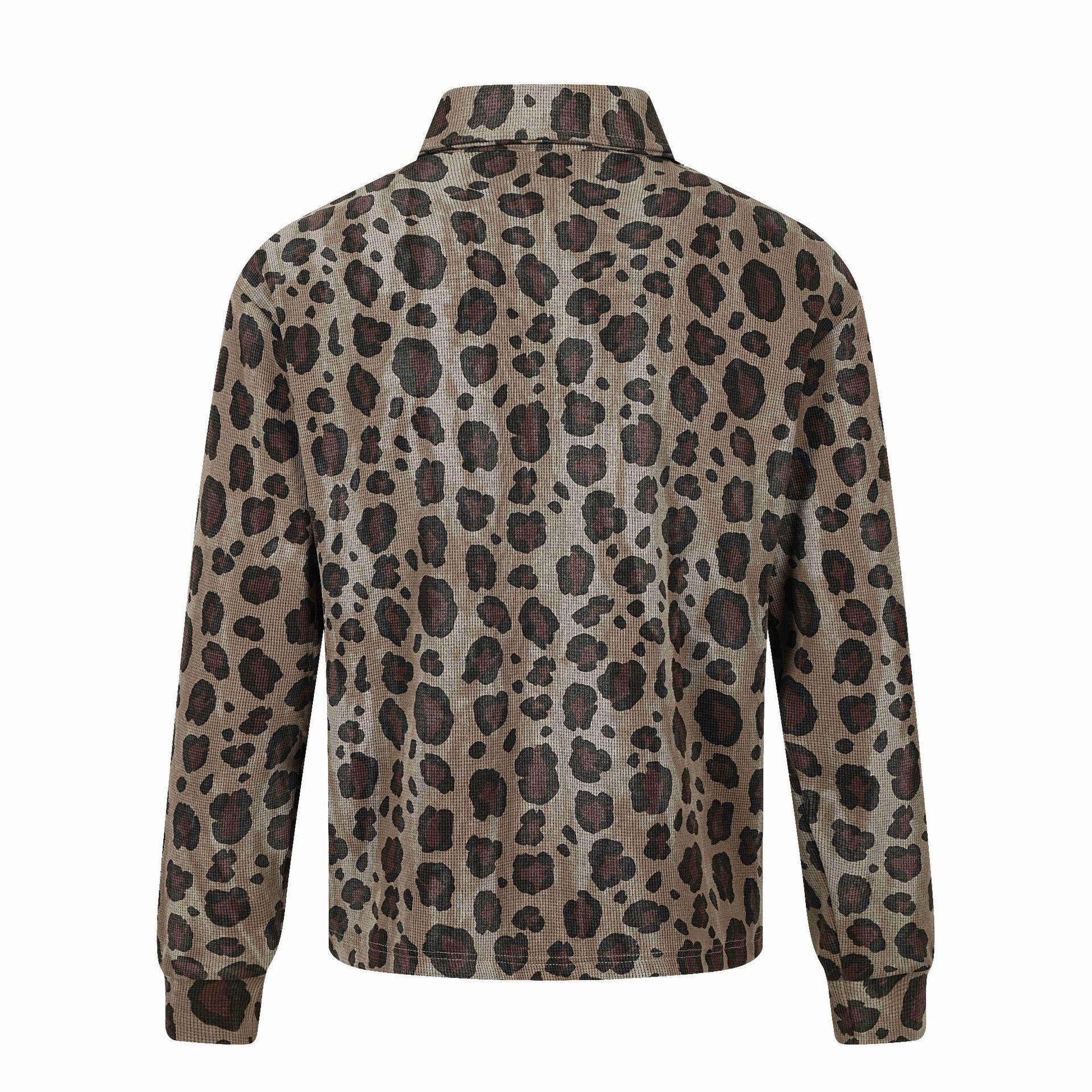 Women Long Sleeve Polo Shirt with Waffle Structure, Button Placket and Animal Print Chichicherry