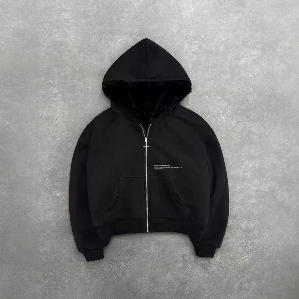 Unisex hooded sweatshirt jacket with faux fur lining, cropped cut and cross zipper Chichicherry