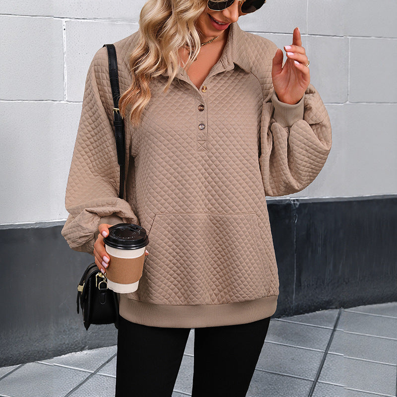 Women's Padded Quilted Sweater with Polo Collar and Kangaroo Pocket Chichicherry