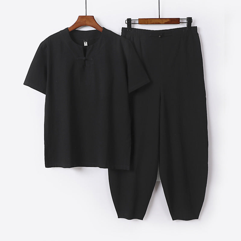 Men's Two-Piece Set with Short Sleeve Stand Collar Shirt and Elastic Harem Pants Chichicherry