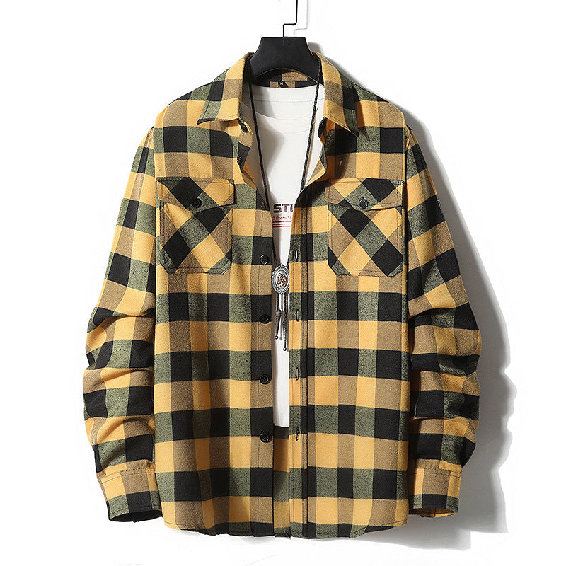 Men's Checked Flannel Shirt Jacket with Chest Pockets and Relaxed Fit Chichicherry