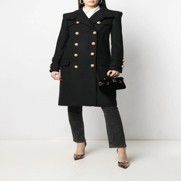 Ladies Elegant Wool Blend Long Coat in Marine Inspired Double Breasted with Oversized Shawl Collar and Decorative Sleeves Chichicherry