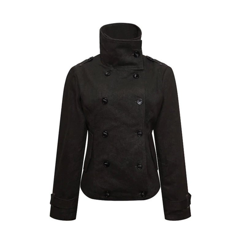 Women Short Double-Breasted Peacoat with Stand Collar and Waist Chichicherry