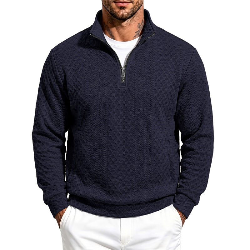Men's Textured Half-Zip Sweater with Stand-Up Collar and Texture Pattern Chichicherry