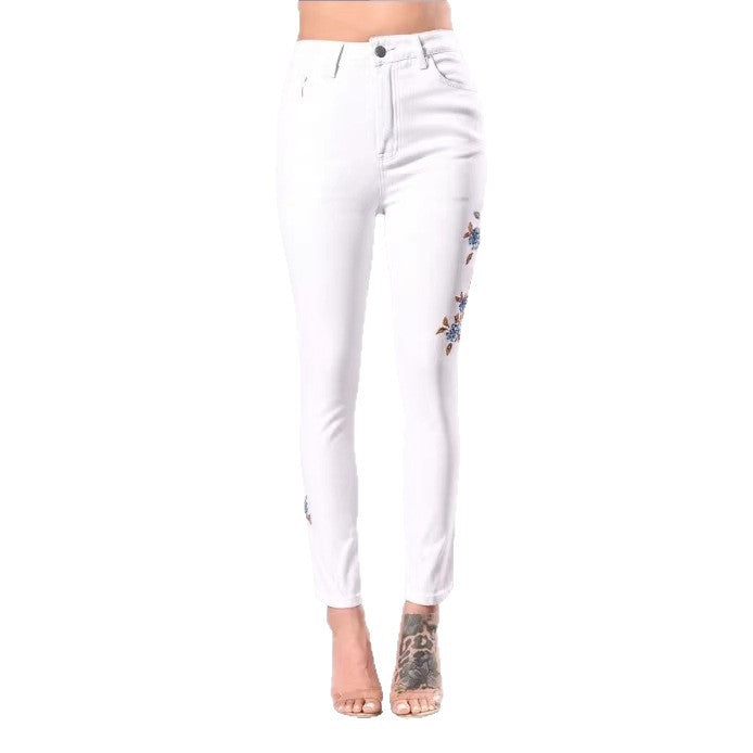 Women High-Waisted Sculpting Skinny Jeans with Side Floral Embroidery Chichicherry