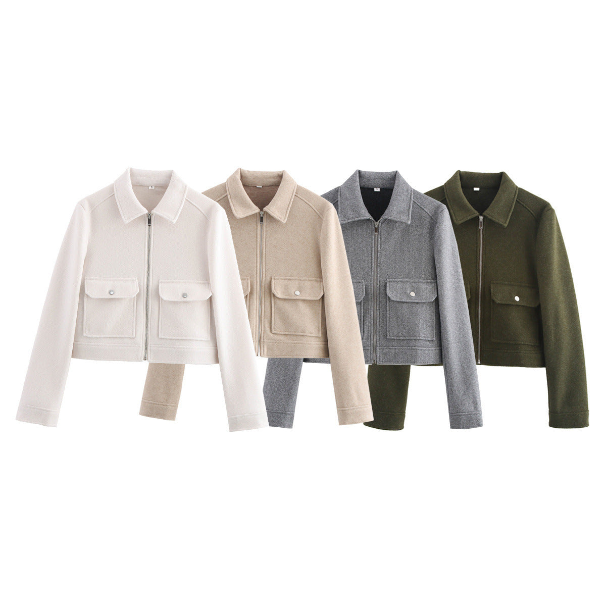 Women short cut wool mix jacket with shirt collar, zipper and patch flap pockets Chichicherry