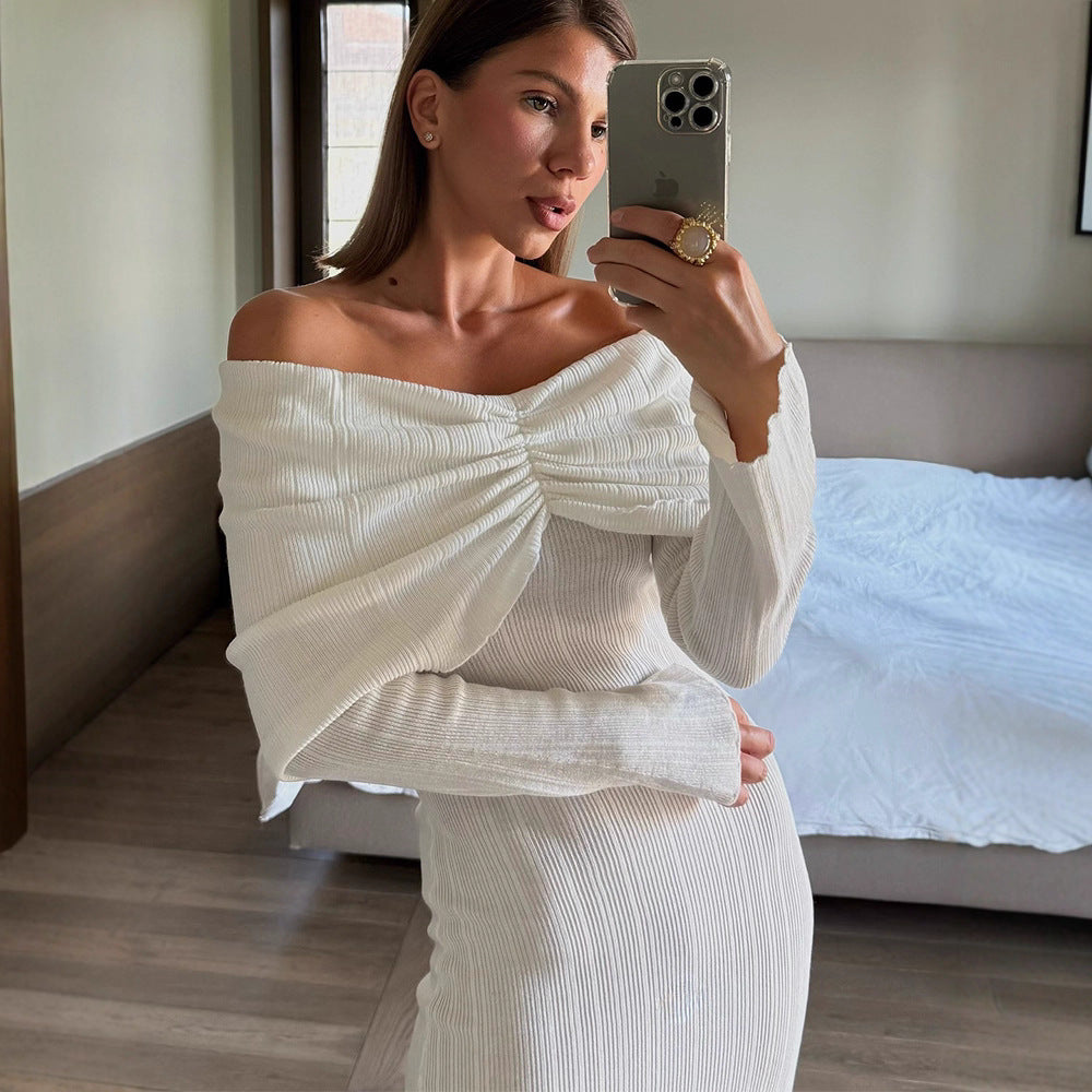 Women's Off-Shoulder Maxi Dress made of ribbed fine knit with draped sweetheart neckline and figure-hugging silhouette Chichicherry