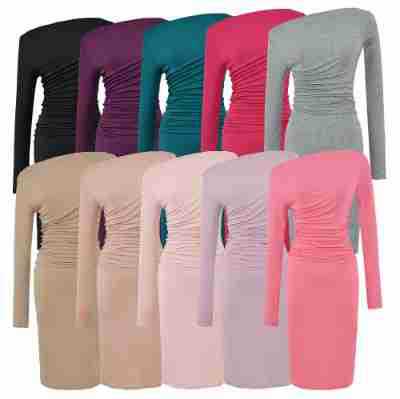 Women's Asymmetric One-Shoulder Midi Dress with Gathering and Long Sleeve Chichicherry