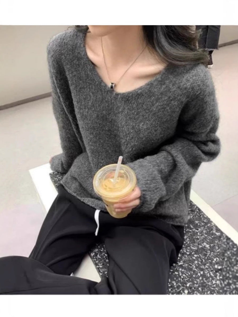 Women Oversize V-Neck Mohair-Look Sweater with Angora-Look and Dropped Shoulder Chichicherry