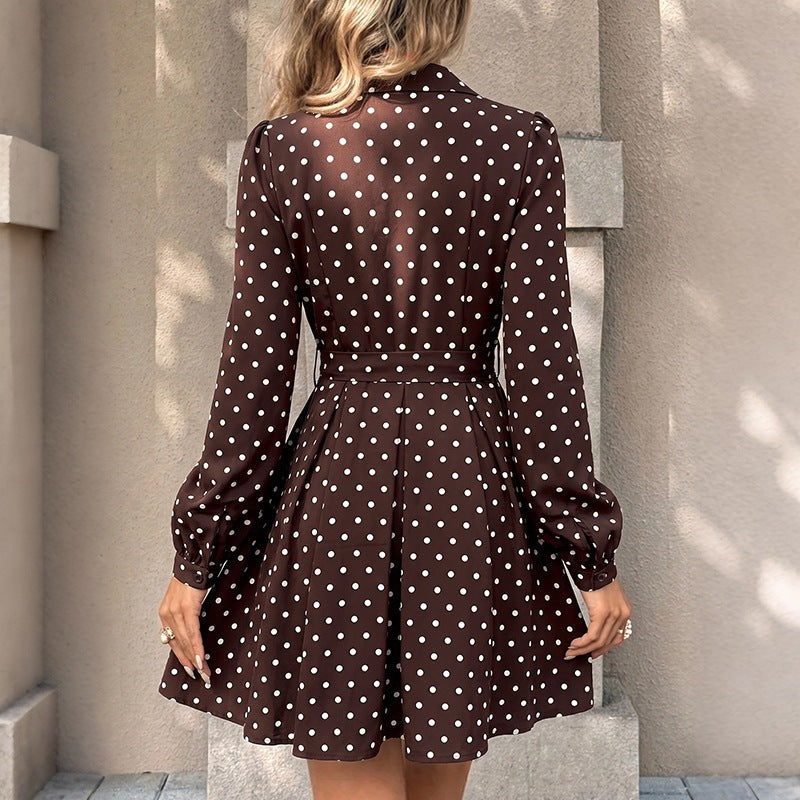 Women's Polka Dot Shirt Dress with Waist Belt and Swinging A-Line Chichicherry