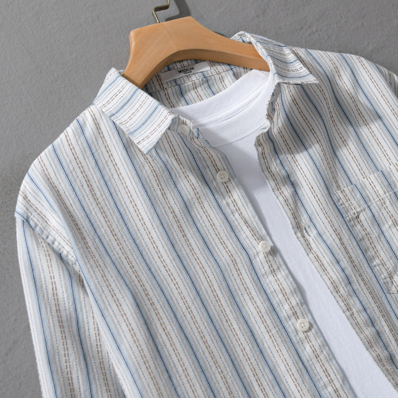 Men's Striped Linen Blend Shirt in Relaxed Fit with Kent Collar and Chest Pocket Chichicherry