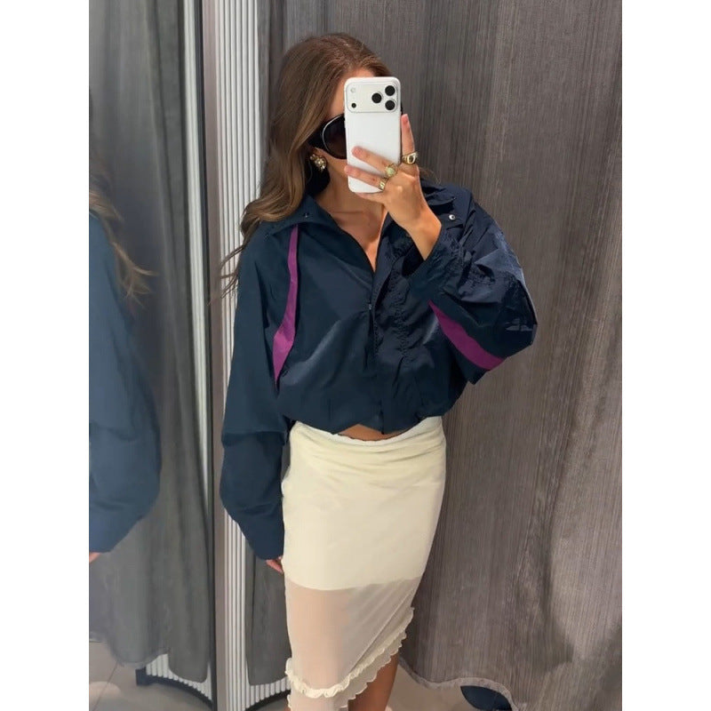 Women's Lightweight Oversized Windbreaker with High Stand-Up Collar and Contrast Stripes Chichicherry