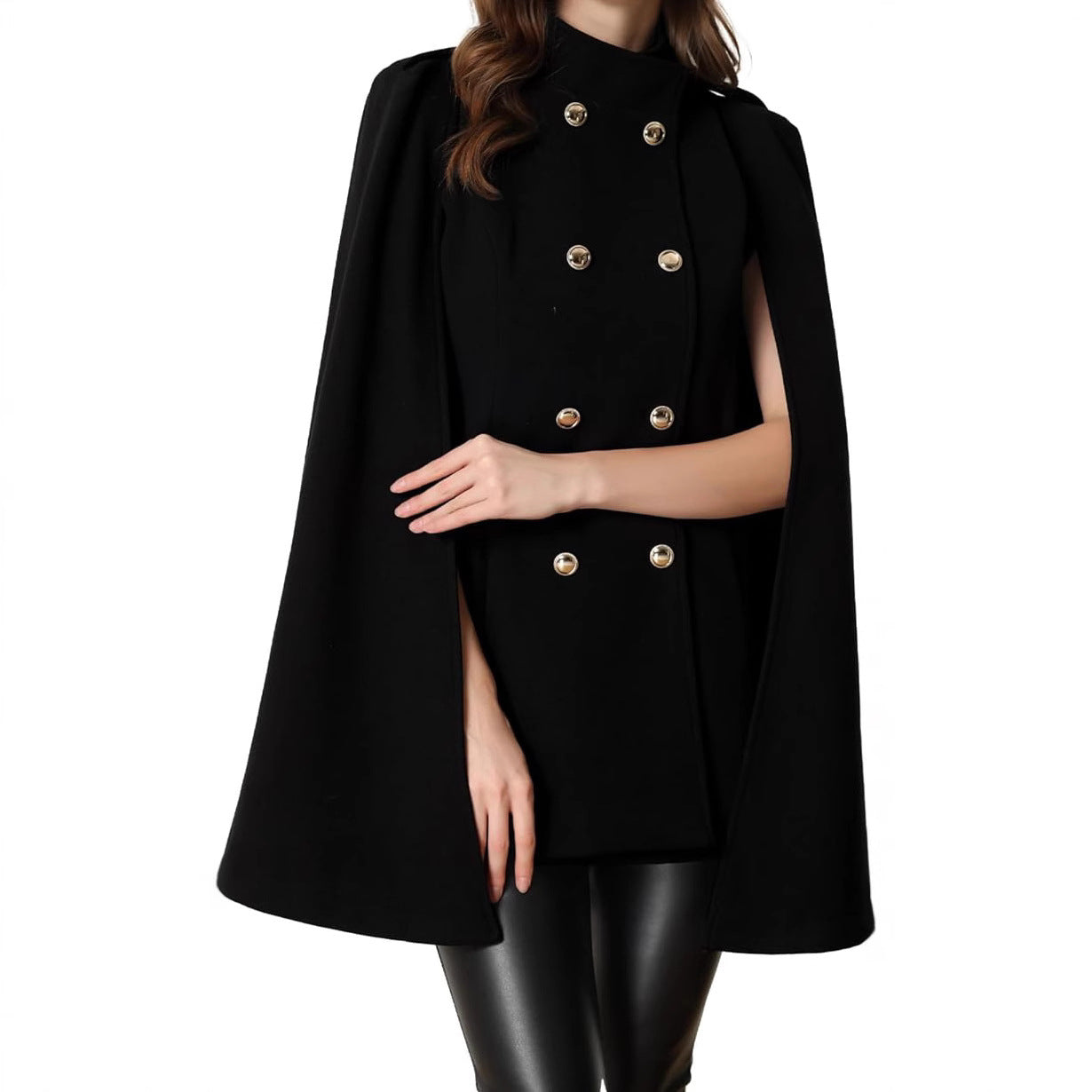 Ladies short cape coat made of wool blend with double-breasted shoulder straps and arm slits Chichicherry