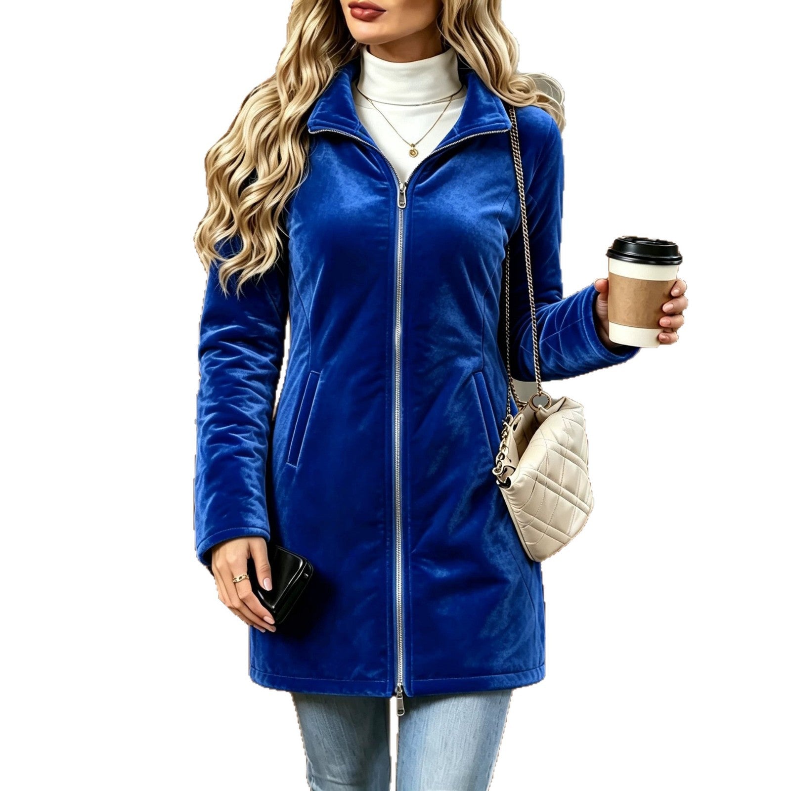 Women's Long Velour Jacket with Two-Way Zipper and Stand-Up Collar Chichicherry