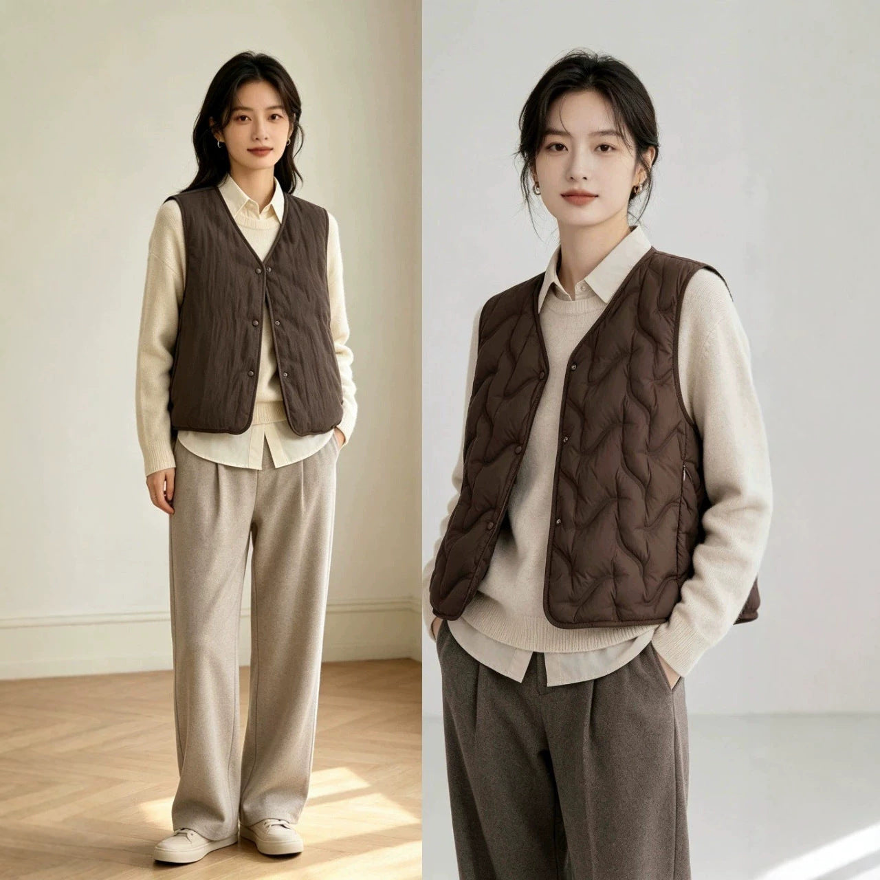 Women’s lightly padded quilted vest with V-neck and press studs Chichicherry