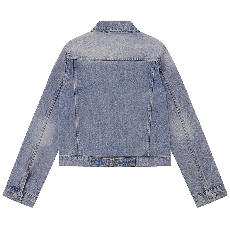 Women's short vintage denim jacket with chest pockets, zipper detail and button placket Chichicherry