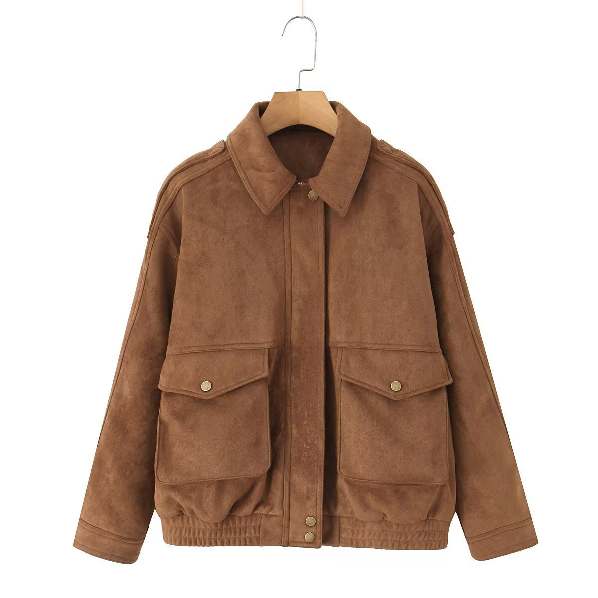 Women's Oversize Suede-Look Bomber Jacket with Flap Pockets and Elastic Hem Chichicherry