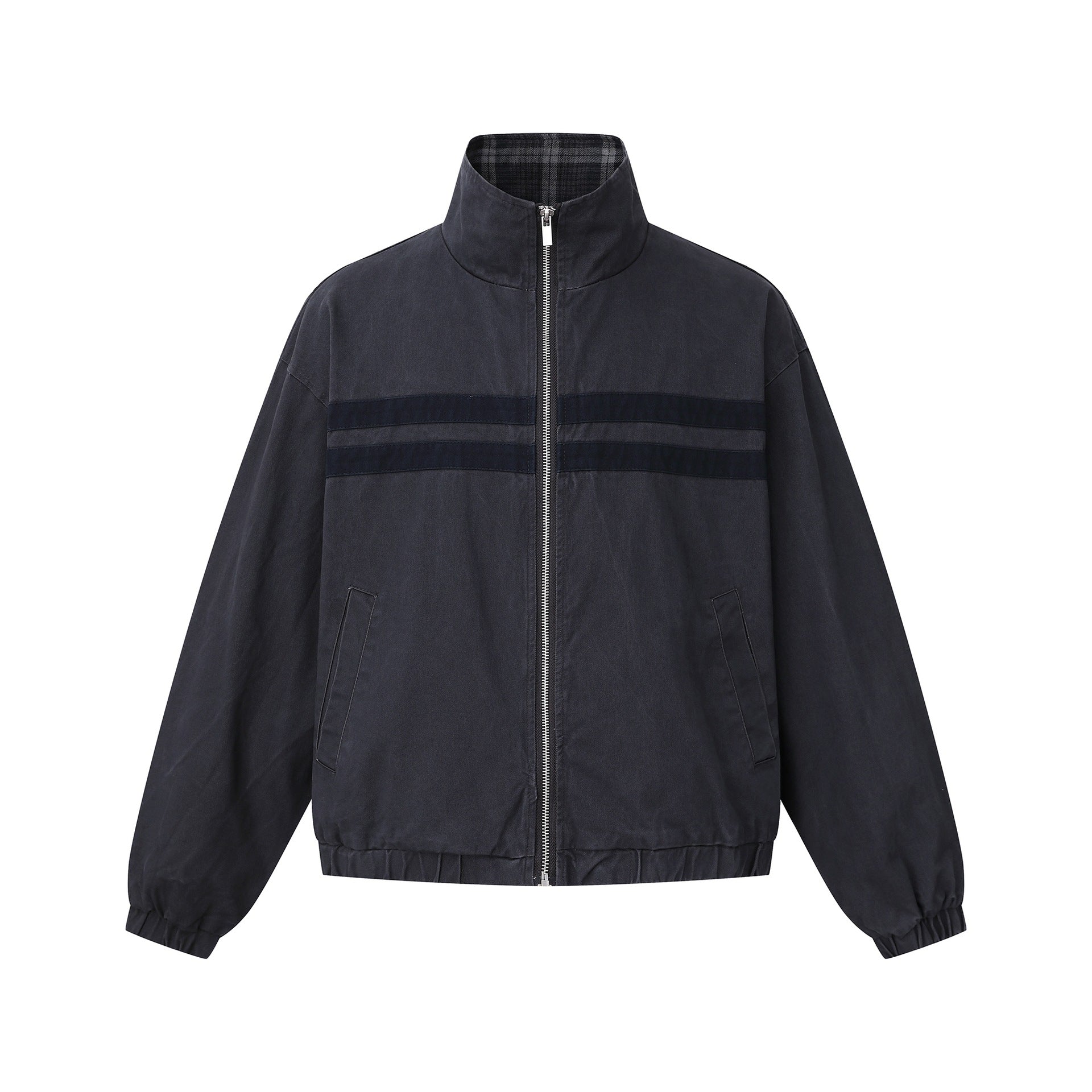 Unisex Short Cut Boxy Blouson Jacket with Stand-Up Collar and Horizontal Chest Piping Chichicherry
