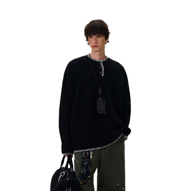 Herren Grobstrick-Henley-Pullover mit Bouclé-Optik und kontrastierten Bündchen Chichicherry