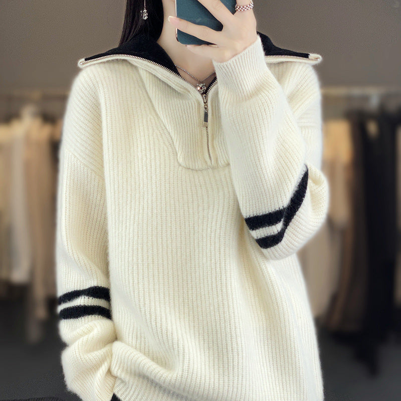 Women's ribbed knit pullover with half zipper, high collar, and casual fit Chichicherry