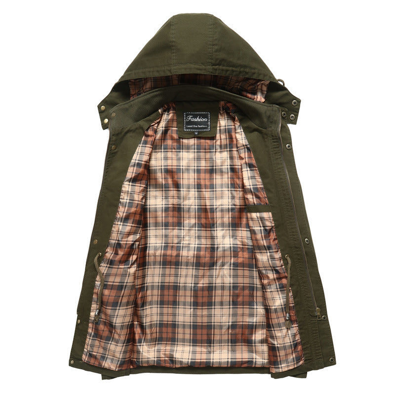 Men's canvas parka with hood, checkered lined interior and utility pockets Chichicherry