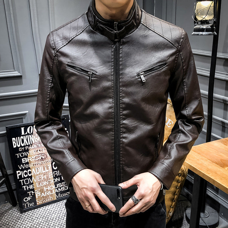 Men's Slim-Fit Faux Leather Racer Jacket with Stand Collar and Zip Chest Pockets Chichicherry