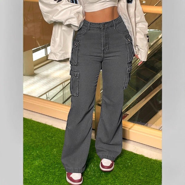 Women's Cargo Denim Pants with Wide Leg, High Waist & Multifunctional Flap Pockets Chichicherry