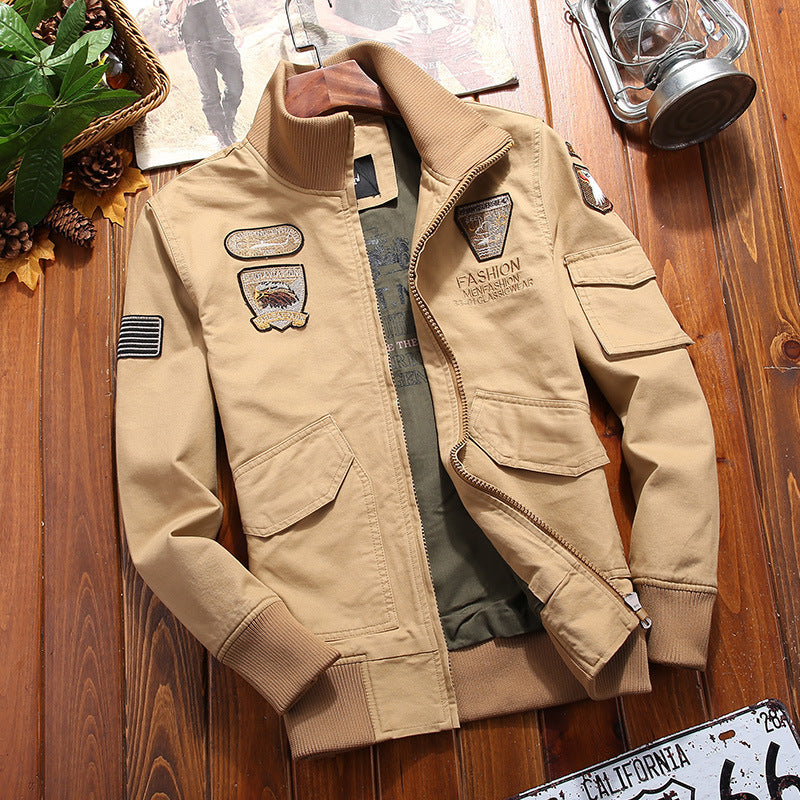 Men's Canvas Pilot Jacket with Embroidered Patches, Multiple Pockets, and Ribbed Cuffs Chichicherry
