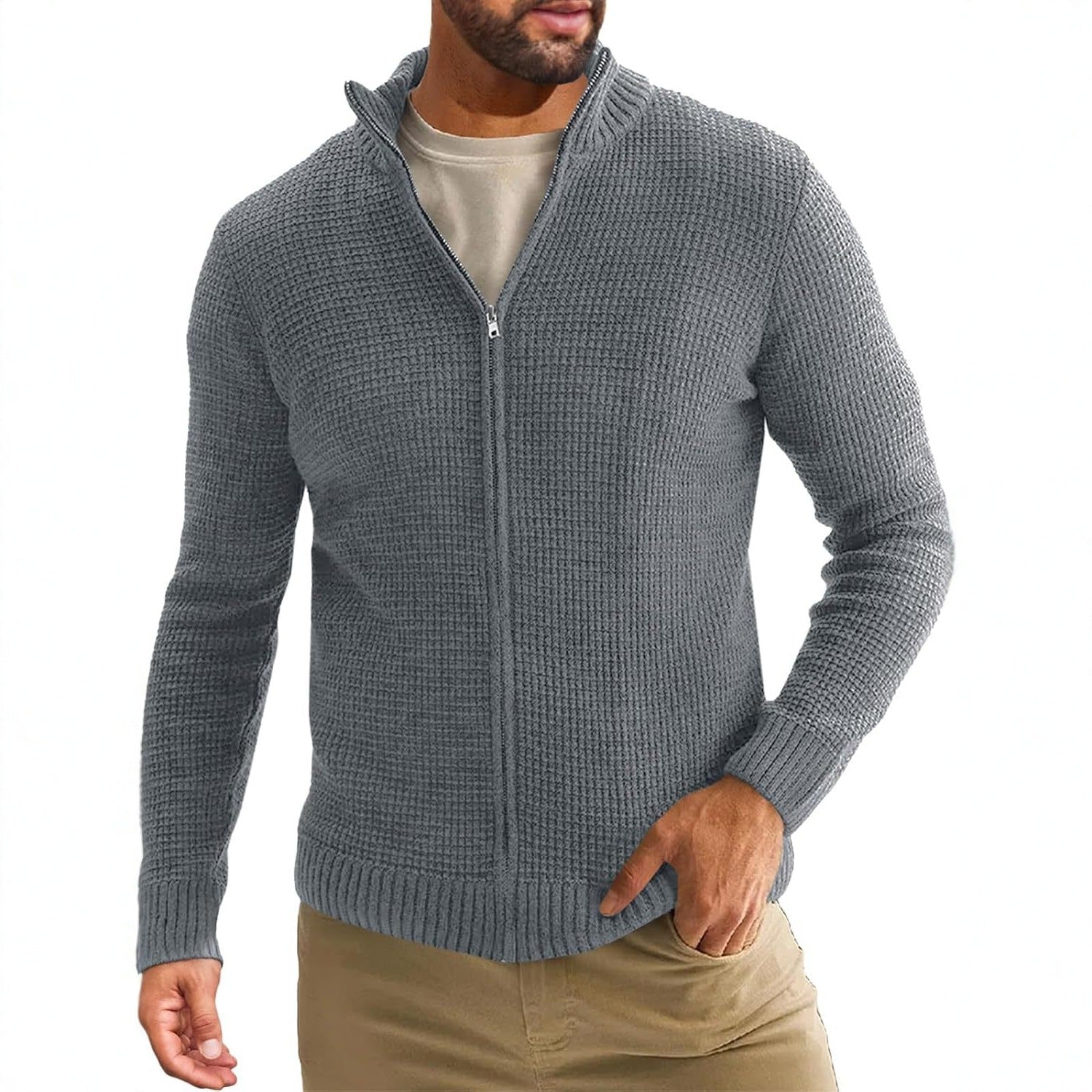 Men's Zip-Up Cardigan with Waffle Texture and Stand-Up Collar Chichicherry