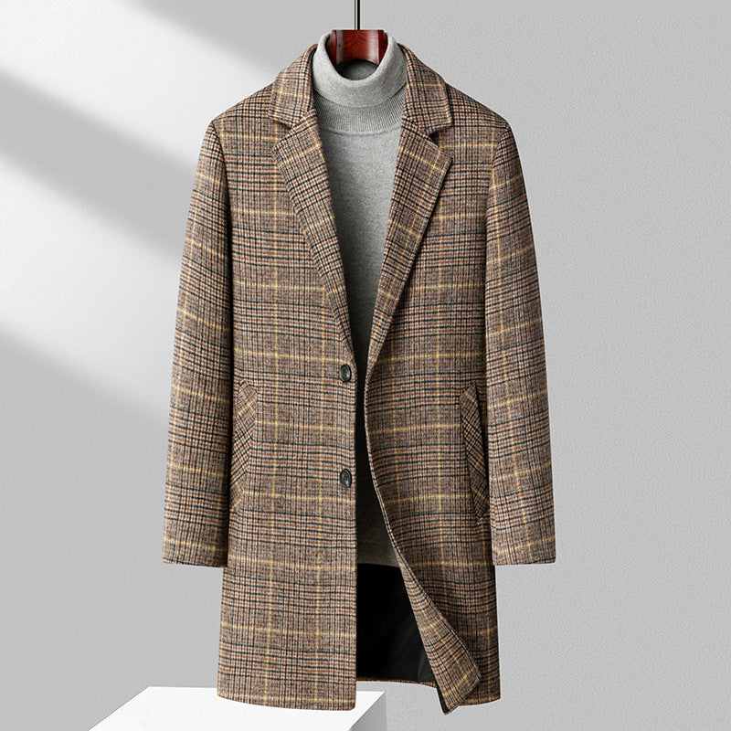 Men's Checked Wool Blend Coat Mid-Length with Notched Collar and Two-Button Closure Chichicherry
