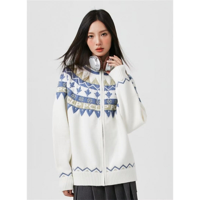 Damen Lässige Strick-Zipjacke mit Jacquard-Yoke und Rippbündchen Chichicherry