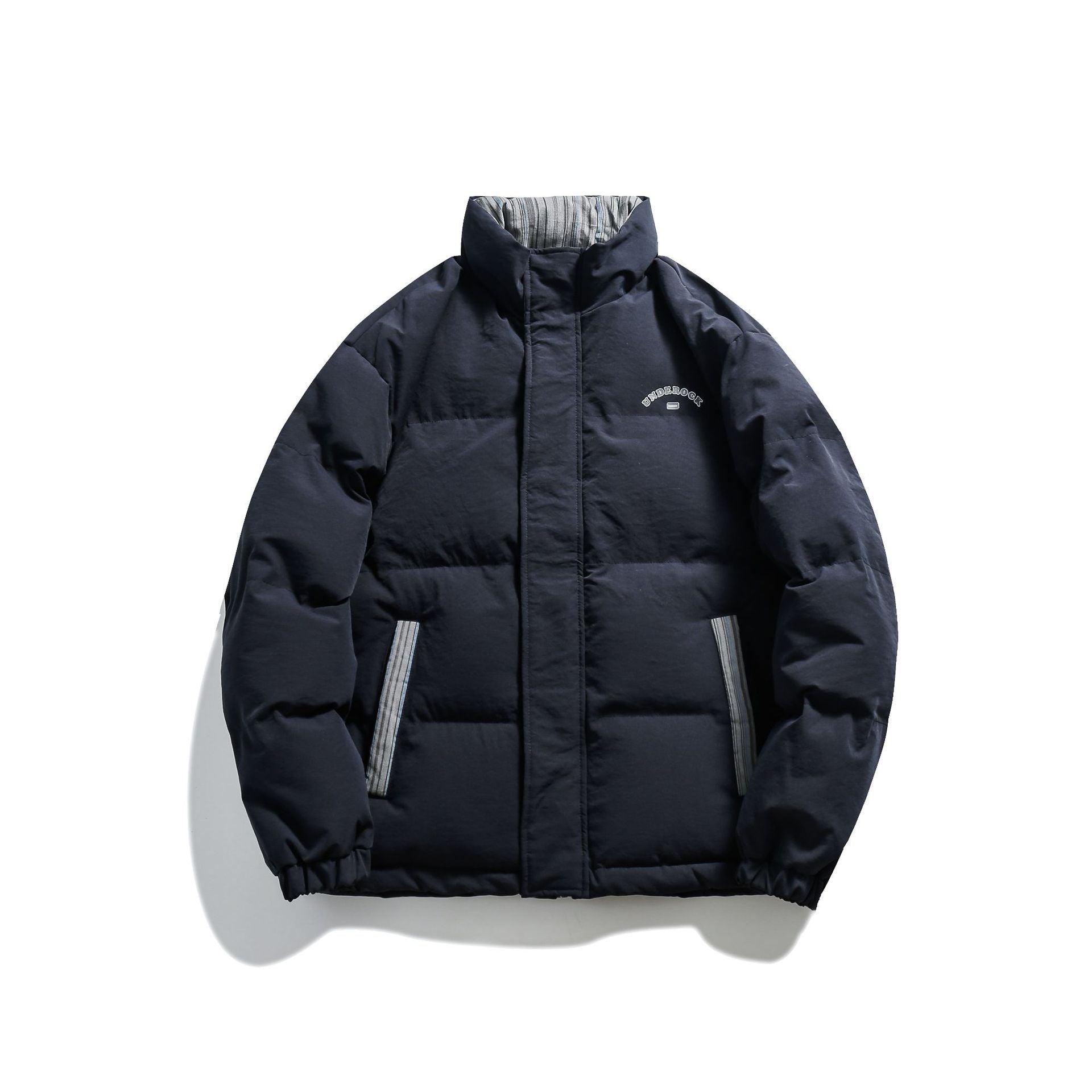 Unisex Short Cut Padded Puffer Jacket with High Stand-Up Collar and Striped Pocket Flaps Chichicherry