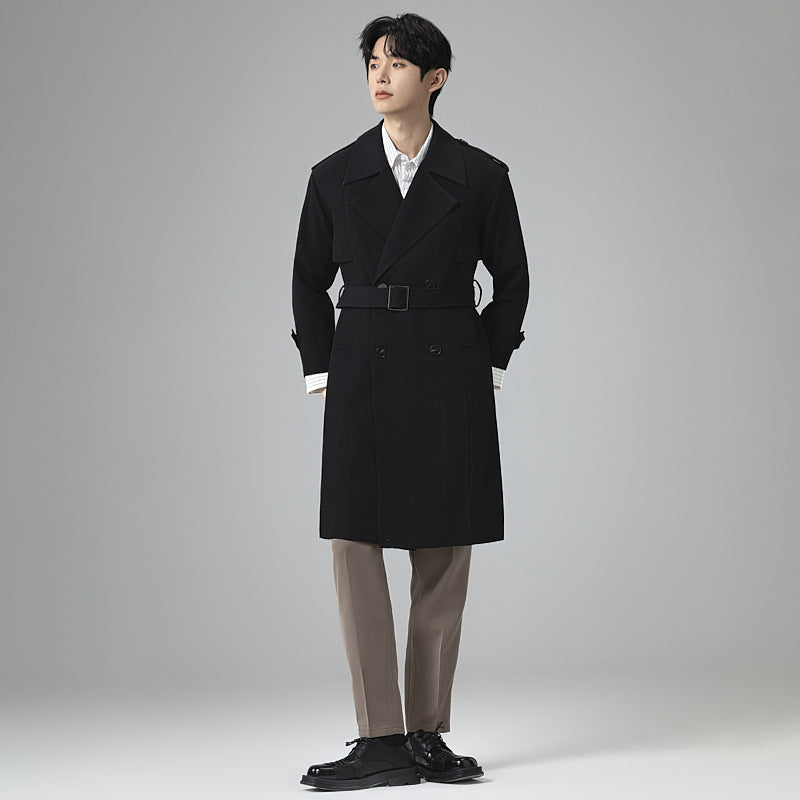Men's Double-Breasted Trench Coat with Waist Belt and Classic Lapel Chichicherry