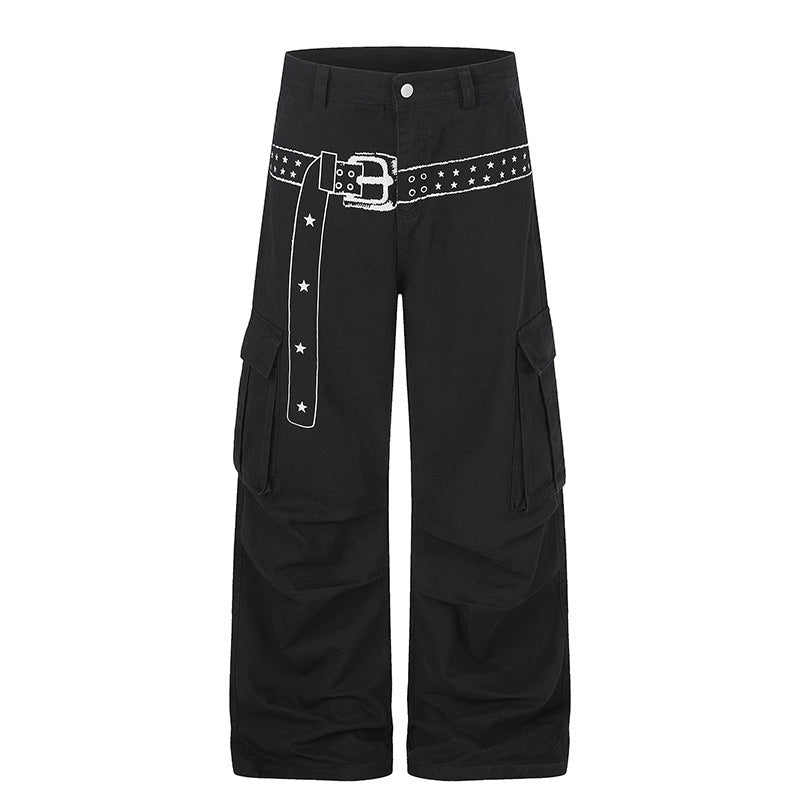 Women's cargo palazzo pants made of cotton blend with wide legs, patch flap pockets and belt print Chichicherry