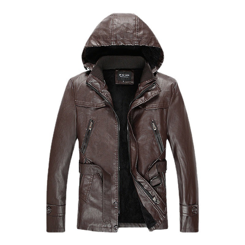 Men's padded faux leather jacket with hood, warm teddy lining and belt detail Chichicherry