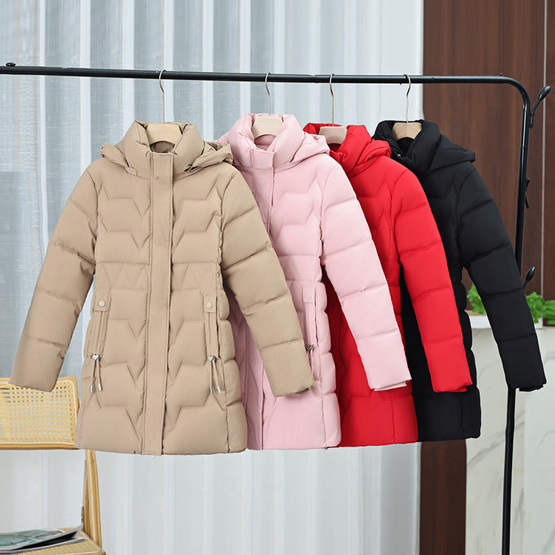 Women's mid-length padded coat with hood, fitted drawstring and geometric decorative stitching Chichicherry