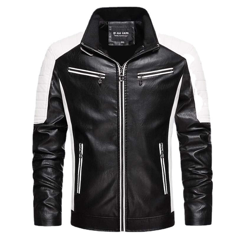 Men's Faux Leather Biker Jacket in Retro Racer Style with Quilted Shoulder Panels and Contrast Trim Chichicherry