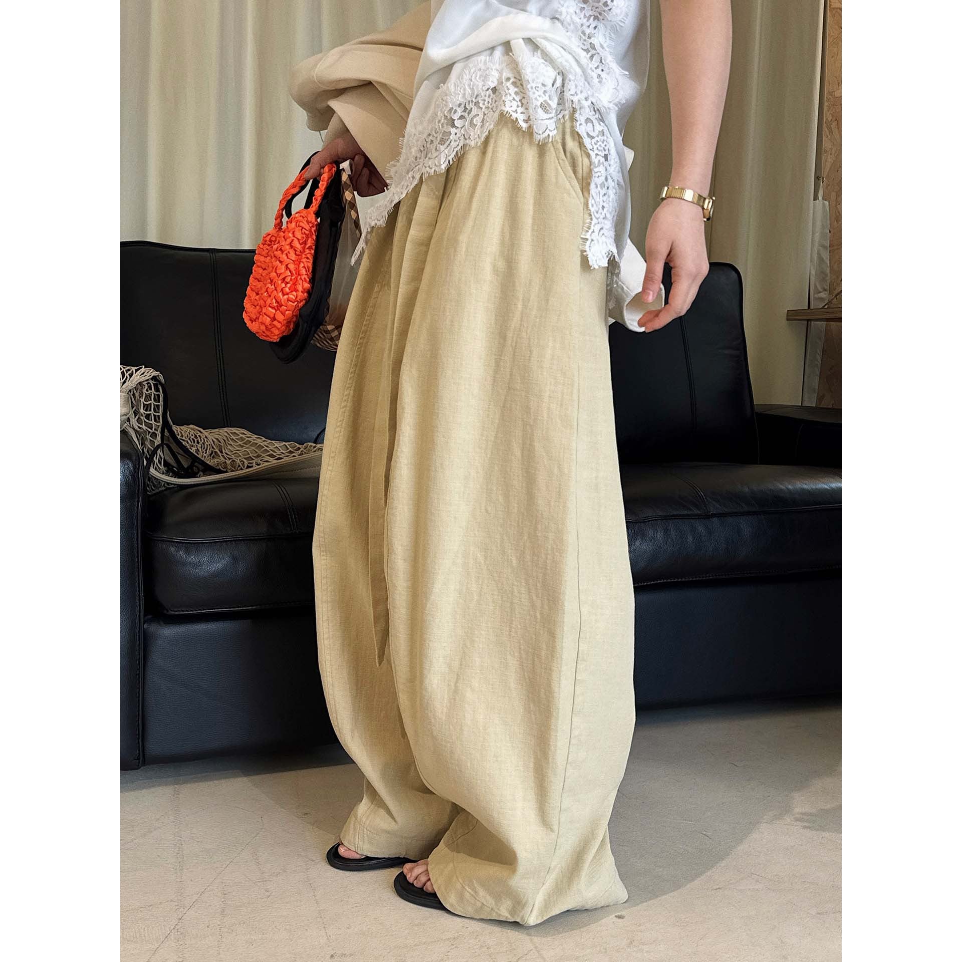 Women's Wide High-Waist Linen-Look Culotte Pants with Drawstring and Flowing Silhouette Chichicherry