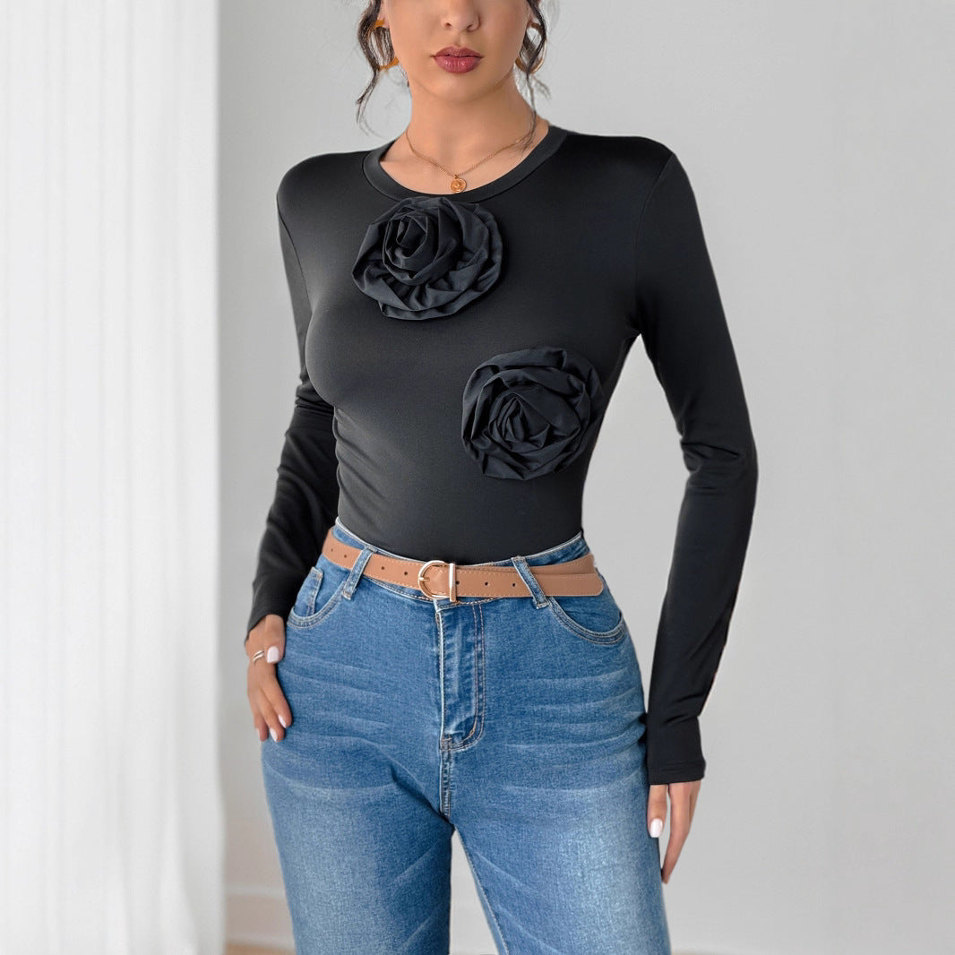 Women's Figure-hugging Long Sleeve Bodysuit with Three-dimensional Rose Appliqués Chichicherry