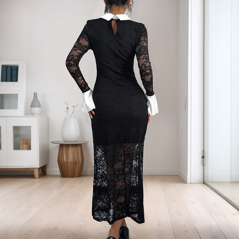 Women Figure-hugging Midi Lace Dress with Contrasting Shirt Collar Chichicherry