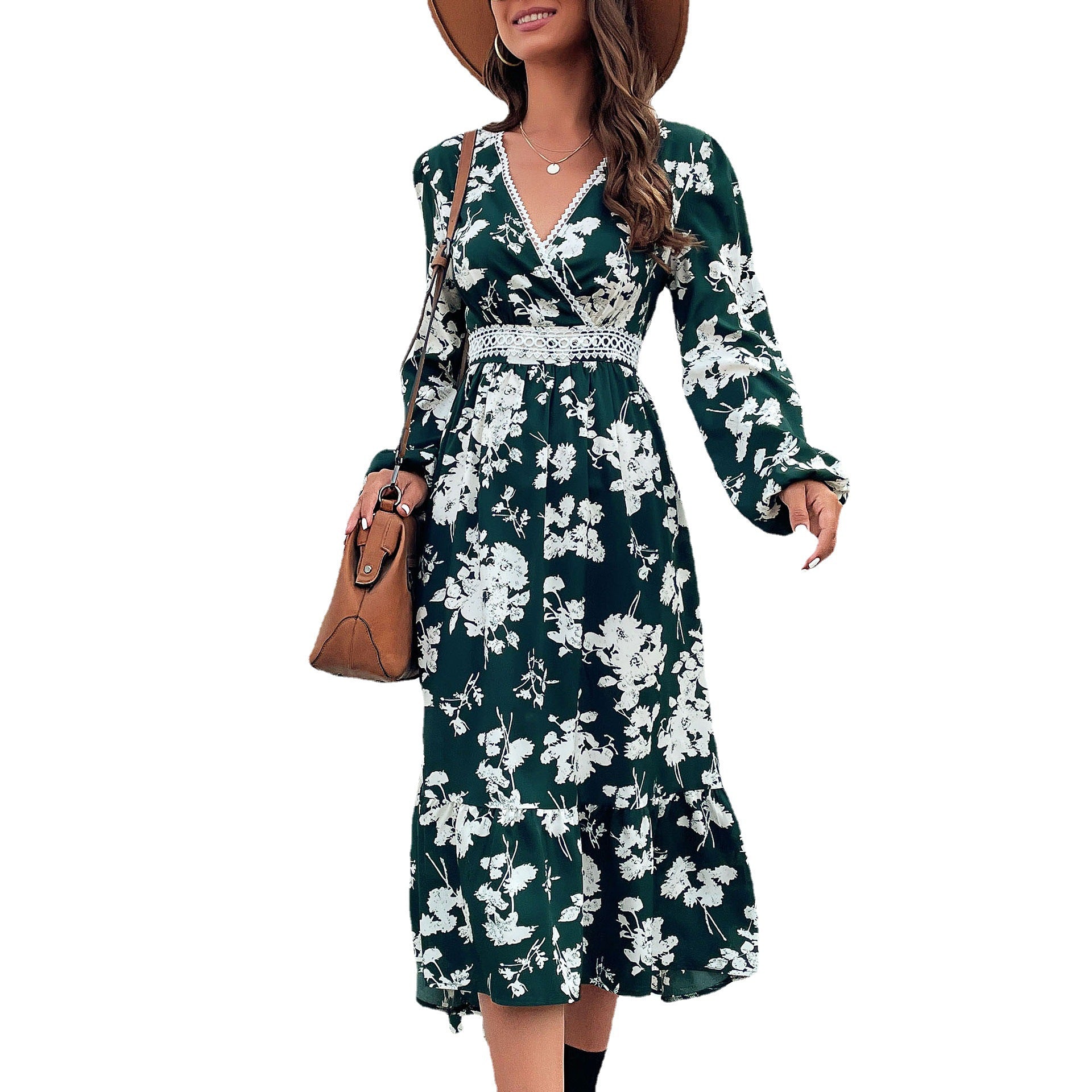 Women's Floral Midi Dress with V-Neck, Lace Trim and Waist-Defining Wrap Look Chichicherry