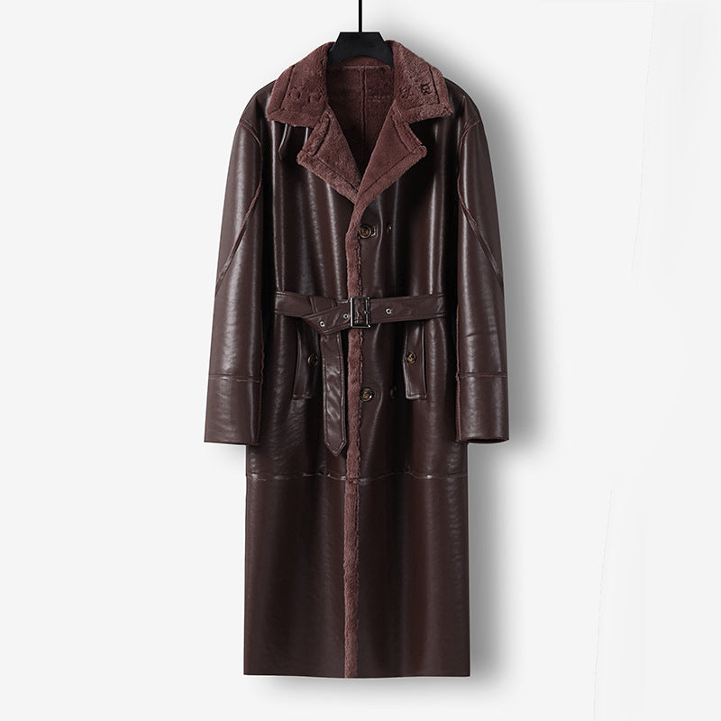 Men's Maxi Long Faux Leather Coat with Teddy Lining and Waist Belt Chichicherry