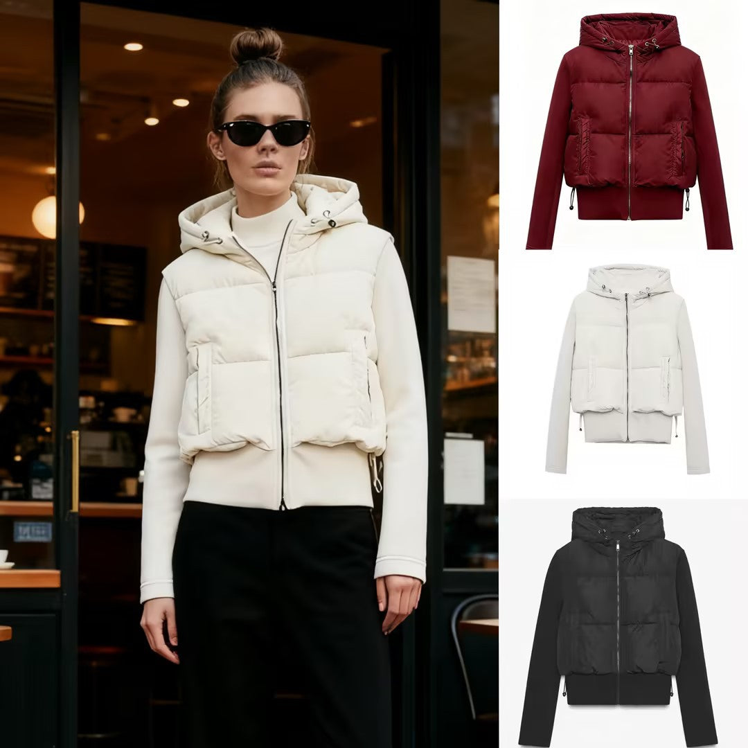 Women's short cut hybrid padded jacket with hood, ribbed cuffs and drawstring Chichicherry