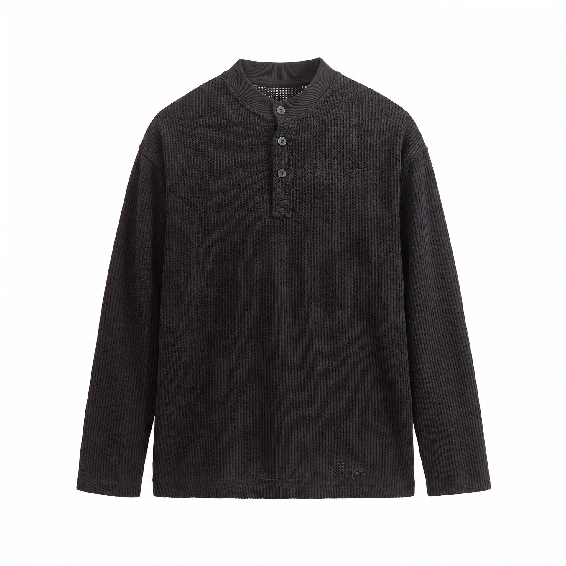 Men's Waffle Knit Henley with Stand Collar and Triple Button Placket Chichicherry