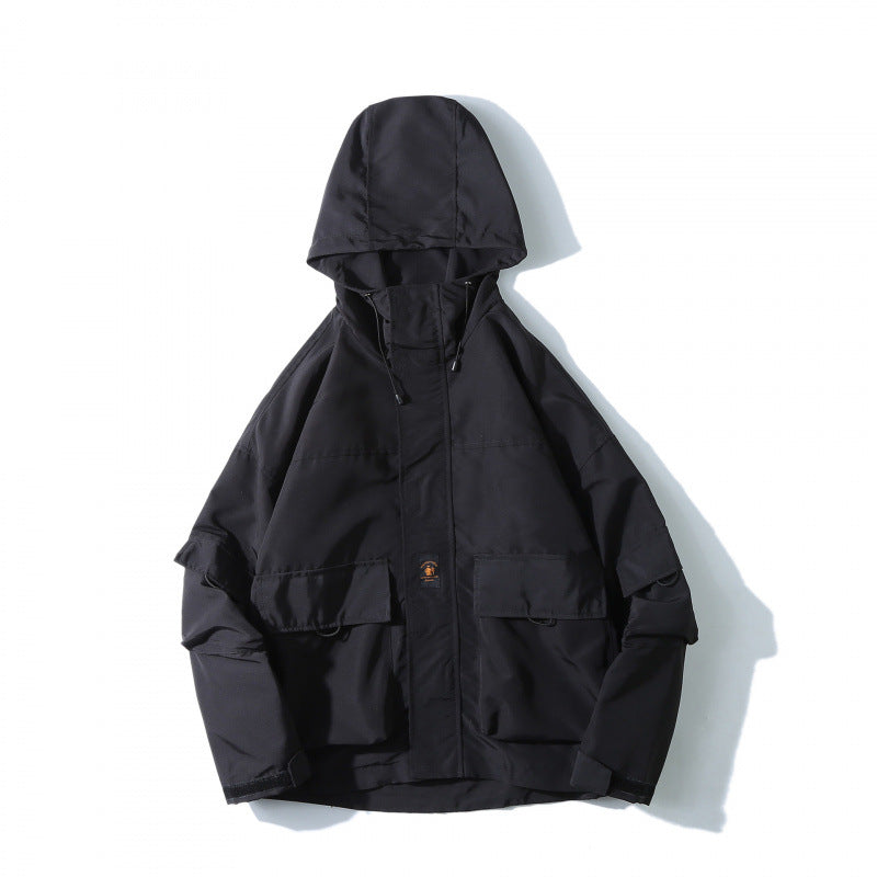 Unisex Loose-Fitting Utility Softshell Jacket with Hood and Multiple Pockets Chichicherry