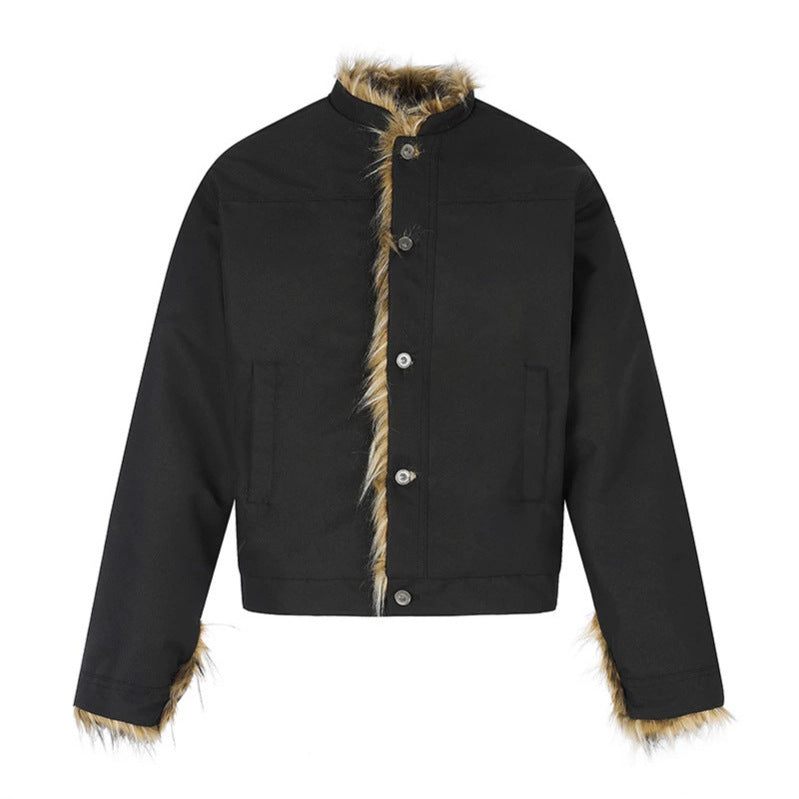 Women's Short Jacket with Faux Fur Lining, Stand-Up Collar and Concealed Button Placket Chichicherry