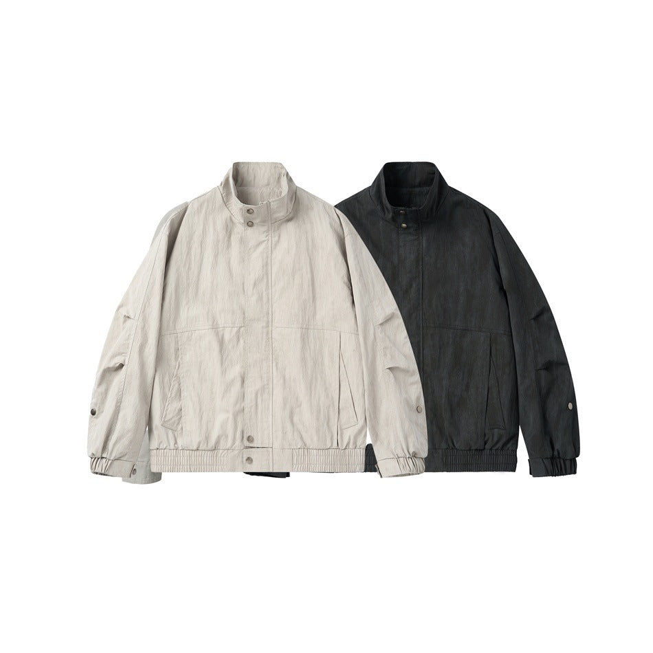 Unisex Short Jacket in minimalist Workwear look with high stand-up collar and snap button closure Chichicherry